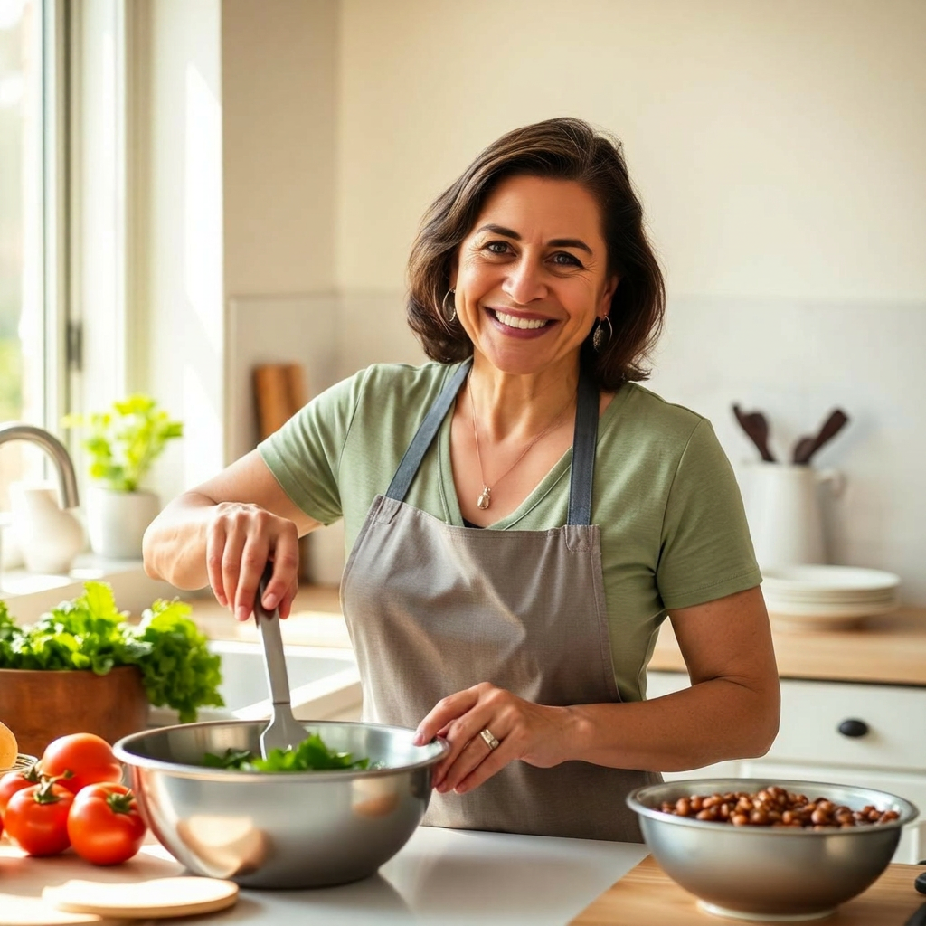 Mujer hispana sonriendo en su cocina preparando comida saludable
